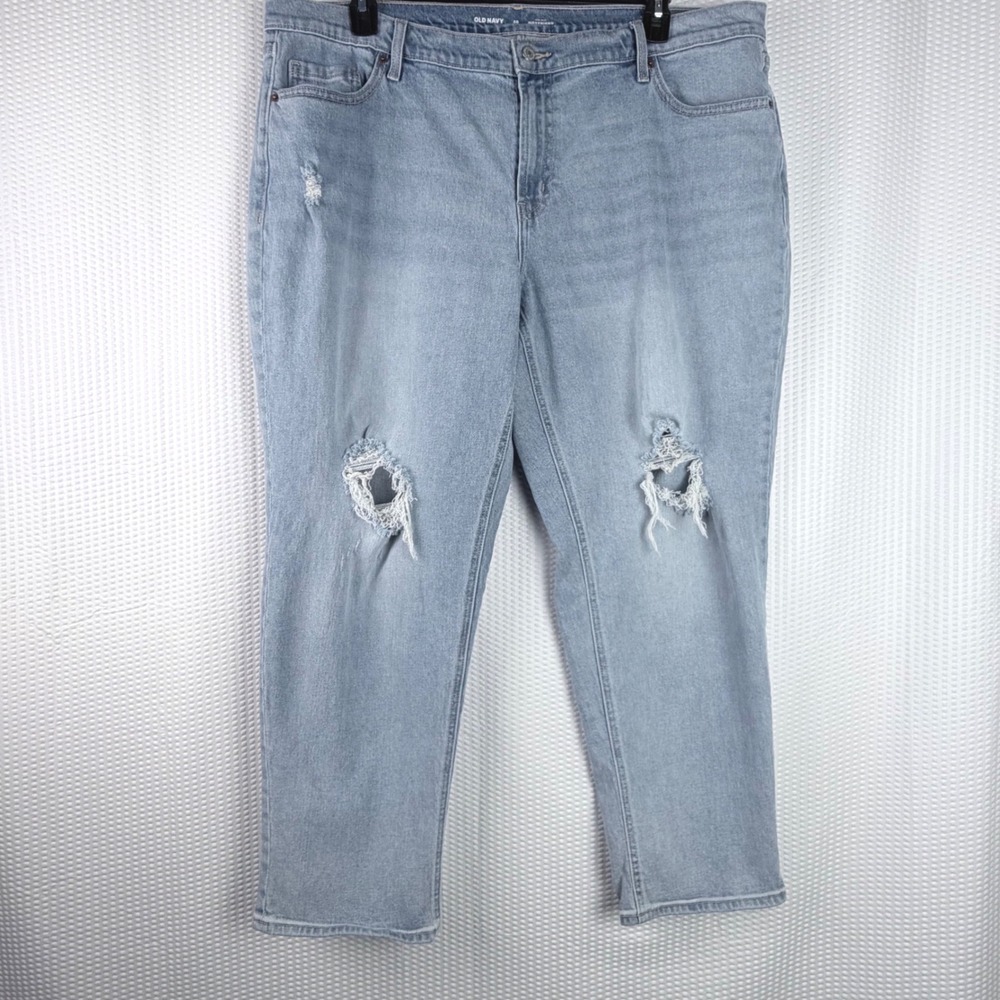 Old Navy Womens Mid Rise Boyfriend Jeans Light Wash Distressed Ripped Denim 20‎